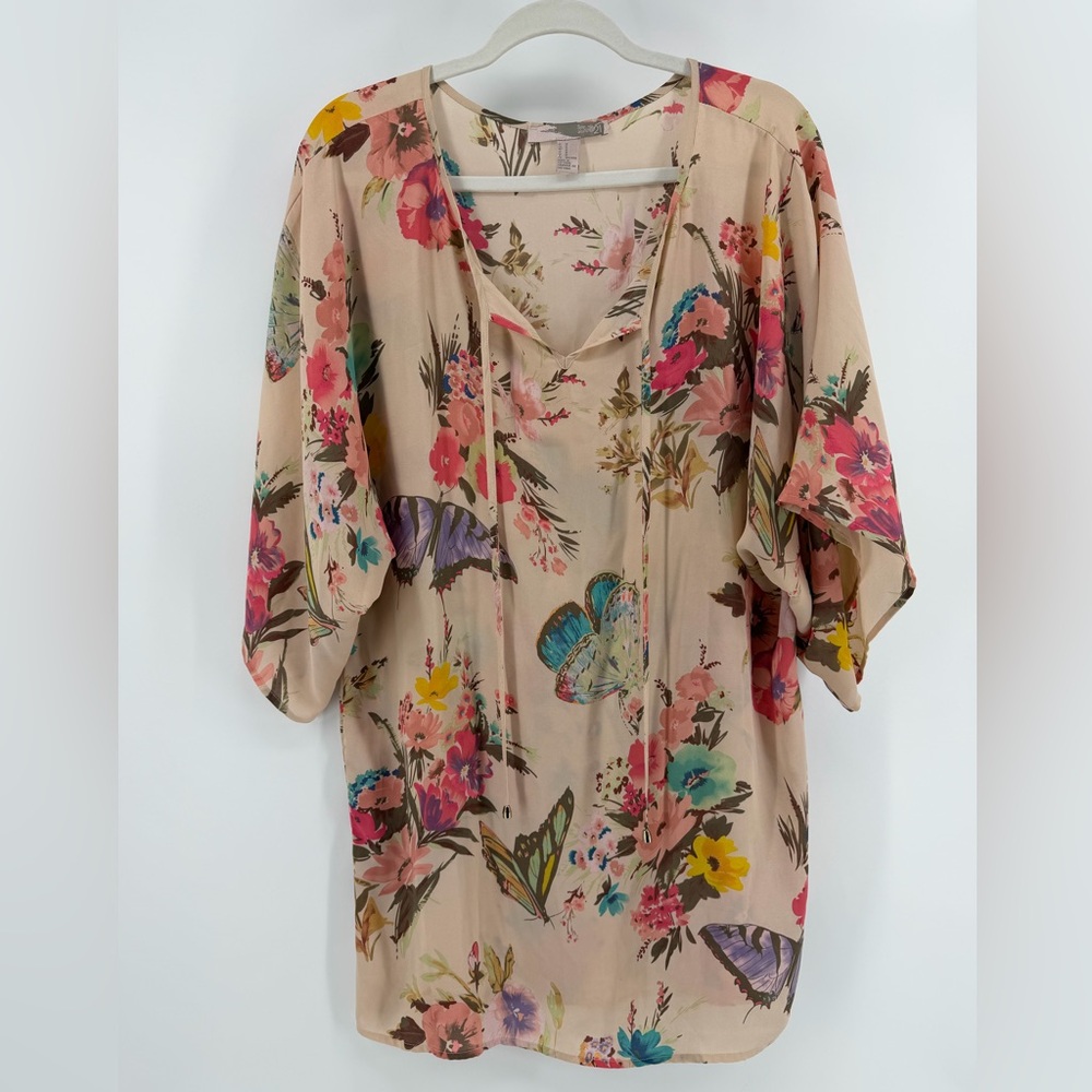 Y2K Forever 21 Whimsical Floral Butterfly Tunic/Swim Cover-Up, Women's Medium